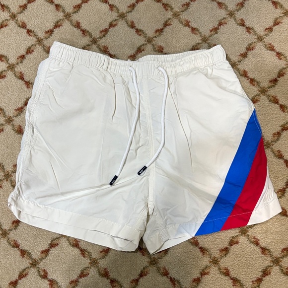 Solid & Striped Men's Cream Swim Trunks with Red & Blue Stripe (Small) - Picture 1 of 3